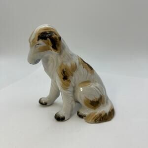 Vintage Ceramic Dog Russian Wolfhound Borzoi Dog 4 1/4" Tall White Brown Tan